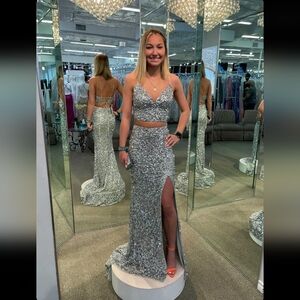 Silver Sequin 2 piece Sherri Hill Evening Gown